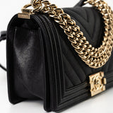 CHANEL Handbag Black 19S Shiny Black Caviar Chevron Boy Bag Medium Champagne Gold Hardware - Redeluxe