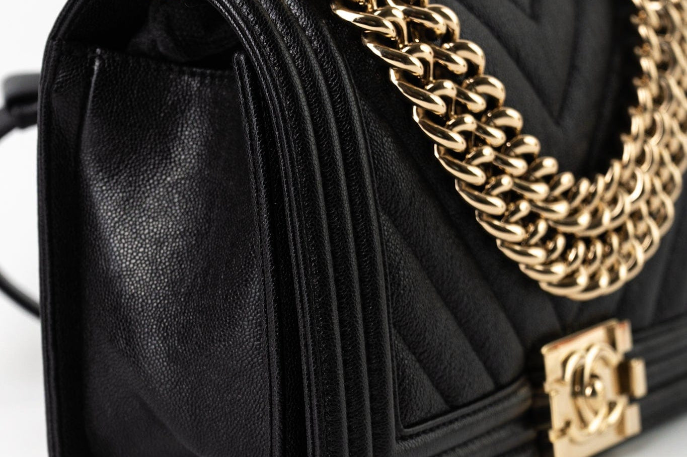 CHANEL Handbag Black 19S Shiny Black Caviar Chevron Boy Bag Medium Champagne Gold Hardware - Redeluxe