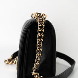 CHANEL Handbag Black 19S Shiny Black Caviar Chevron Boy Bag Medium Champagne Gold Hardware - Redeluxe