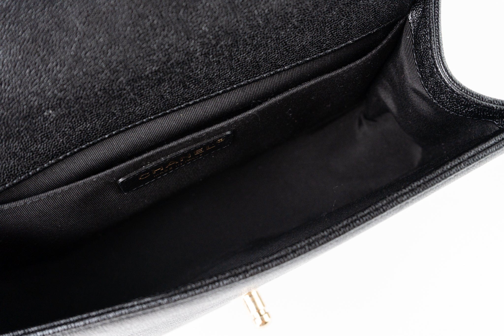 CHANEL Handbag Black 19S Shiny Black Caviar Chevron Boy Bag Medium Champagne Gold Hardware - Redeluxe