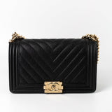 CHANEL Handbag Black 19S Shiny Black Caviar Chevron Boy Bag Medium Champagne Gold Hardware - Redeluxe