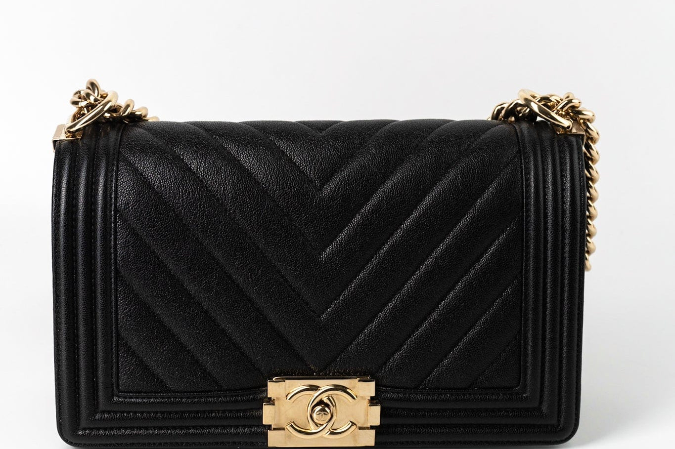 CHANEL Handbag Black 19S Shiny Black Caviar Chevron Boy Bag Medium Champagne Gold Hardware - Redeluxe