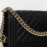 CHANEL Handbag Black 19S Shiny Black Caviar Chevron Boy Bag Medium Champagne Gold Hardware - Redeluxe