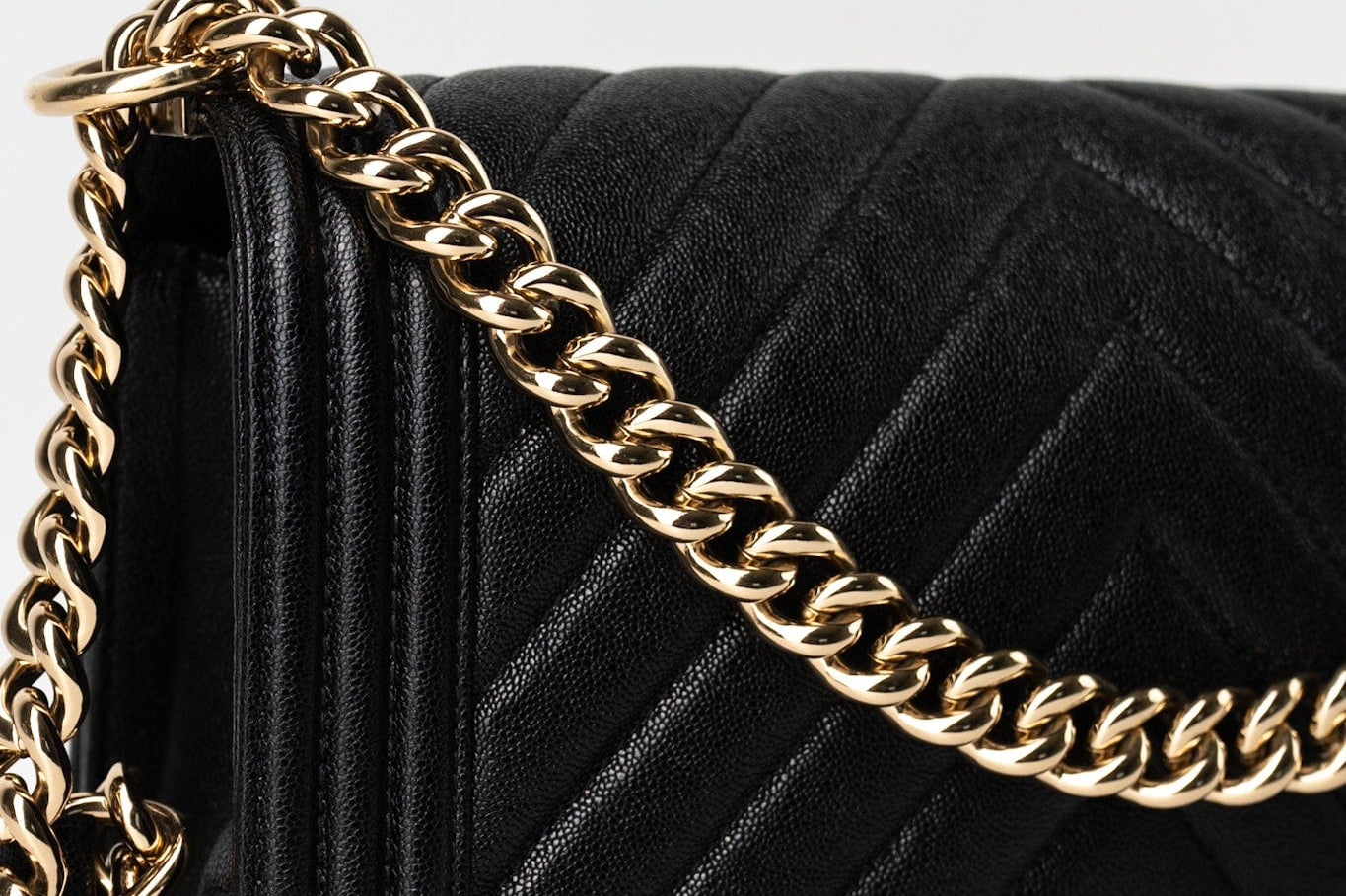 CHANEL Handbag Black 19S Shiny Black Caviar Chevron Boy Bag Medium Champagne Gold Hardware - Redeluxe