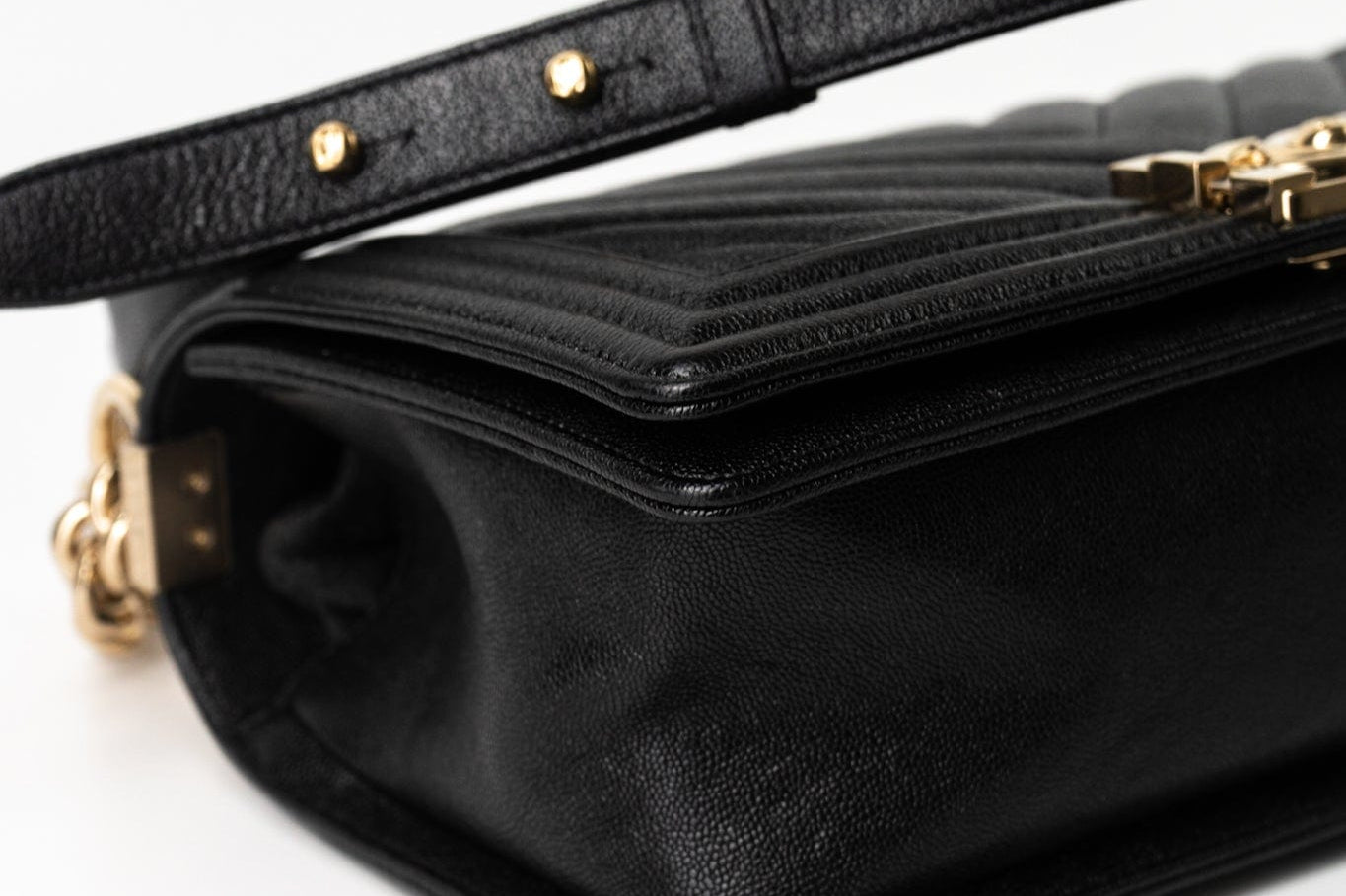 CHANEL Handbag Black 19S Shiny Black Caviar Chevron Boy Bag Medium Champagne Gold Hardware - Redeluxe