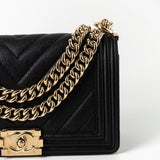CHANEL Handbag Black 19S Shiny Black Caviar Chevron Boy Bag Medium Champagne Gold Hardware - Redeluxe