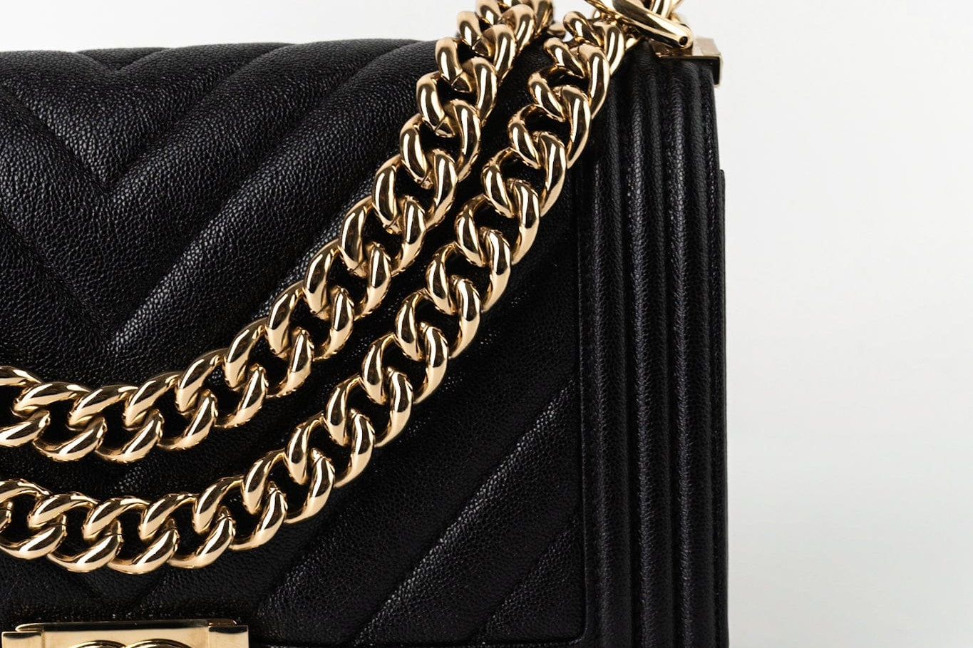CHANEL Handbag Black 19S Shiny Black Caviar Chevron Boy Bag Medium Champagne Gold Hardware - Redeluxe