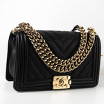 CHANEL Handbag Black 19S Shiny Black Caviar Chevron Boy Bag Medium Champagne Gold Hardware - Redeluxe