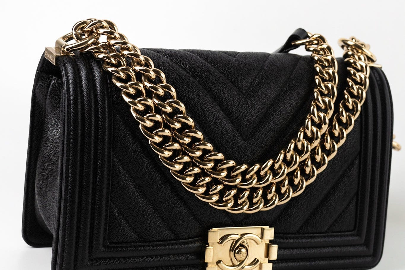 CHANEL Handbag Black 19S Shiny Black Caviar Chevron Boy Bag Medium Champagne Gold Hardware - Redeluxe