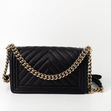 CHANEL Handbag Black 19S Shiny Black Caviar Chevron Boy Bag Medium Champagne Gold Hardware - Redeluxe