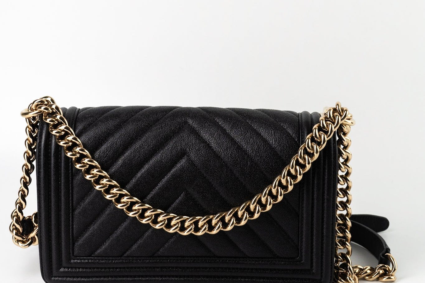 CHANEL Handbag Black 19S Shiny Black Caviar Chevron Boy Bag Medium Champagne Gold Hardware - Redeluxe