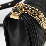 CHANEL Handbag Black 19S Shiny Black Caviar Chevron Boy Bag Medium Champagne Gold Hardware - Redeluxe