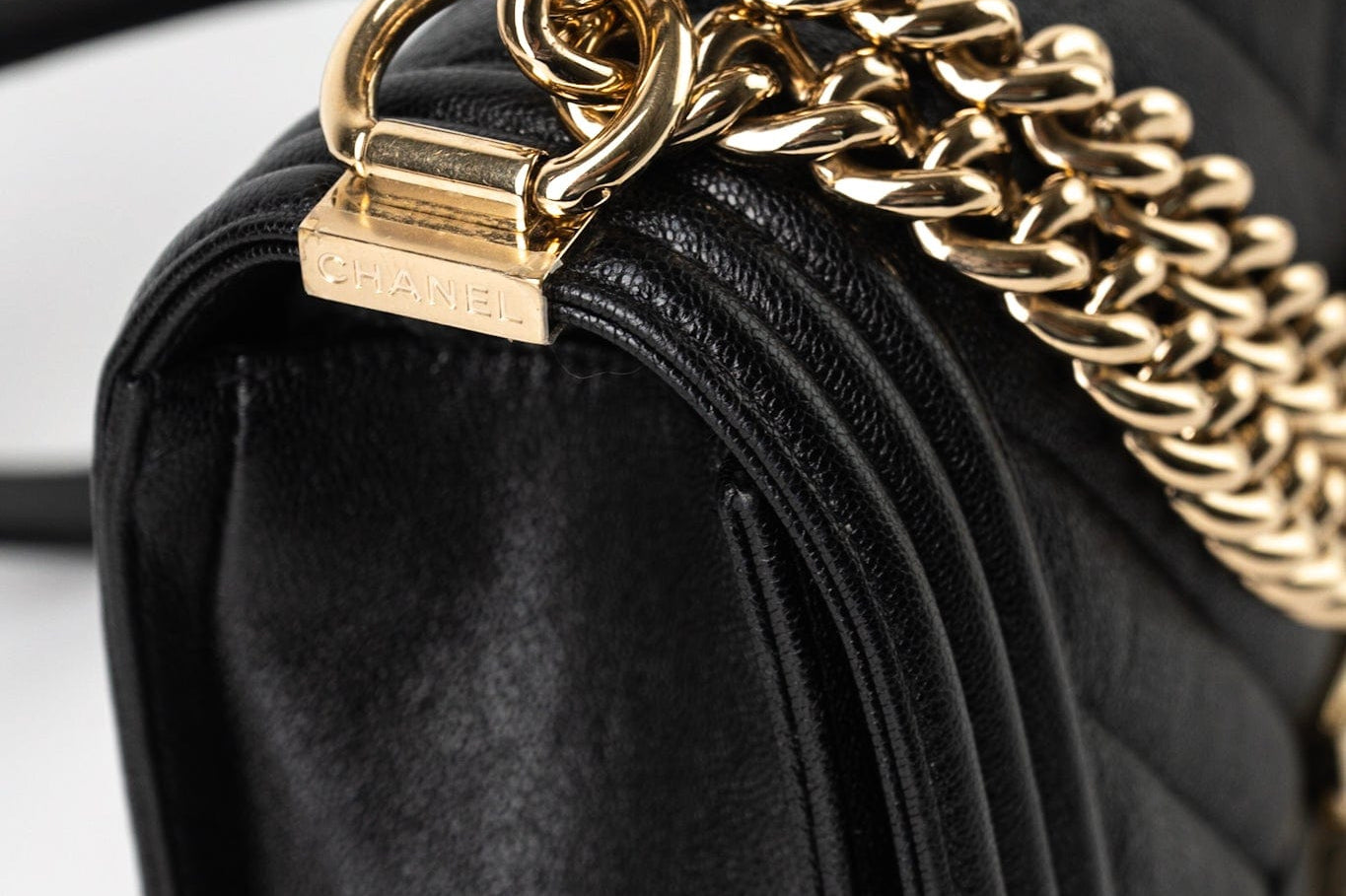 CHANEL Handbag Black 19S Shiny Black Caviar Chevron Boy Bag Medium Champagne Gold Hardware - Redeluxe