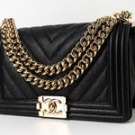 CHANEL Handbag Black 19S Shiny Black Caviar Chevron Boy Bag Medium Champagne Gold Hardware - Redeluxe