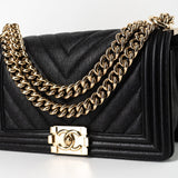 CHANEL Handbag Black 19S Shiny Black Caviar Chevron Boy Bag Medium Champagne Gold Hardware - Redeluxe
