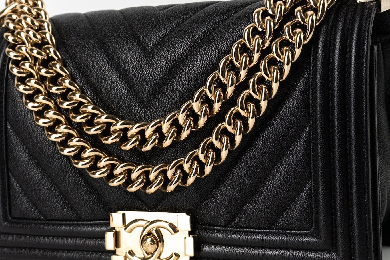 CHANEL Handbag Black 19S Shiny Black Caviar Chevron Boy Bag Medium Champagne Gold Hardware - Redeluxe