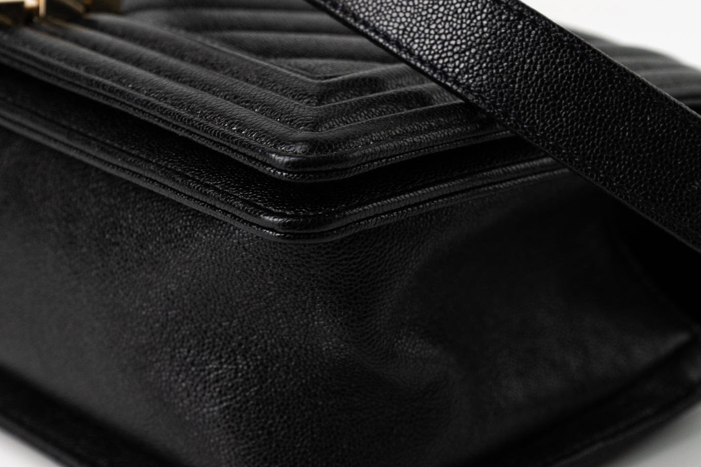 CHANEL Handbag Black 19S Shiny Black Caviar Chevron Boy Bag Medium Champagne Gold Hardware - Redeluxe