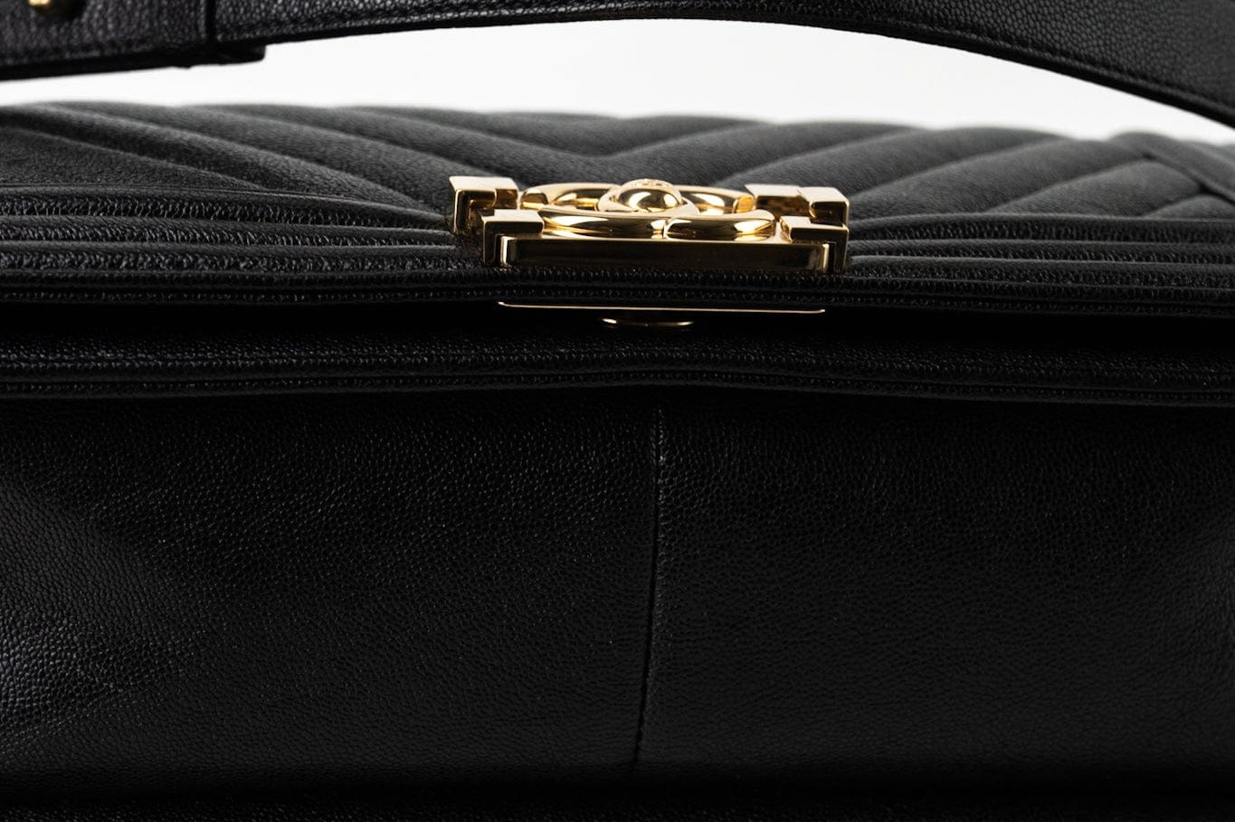 CHANEL Handbag Black 19S Shiny Black Caviar Chevron Boy Bag Medium Champagne Gold Hardware - Redeluxe