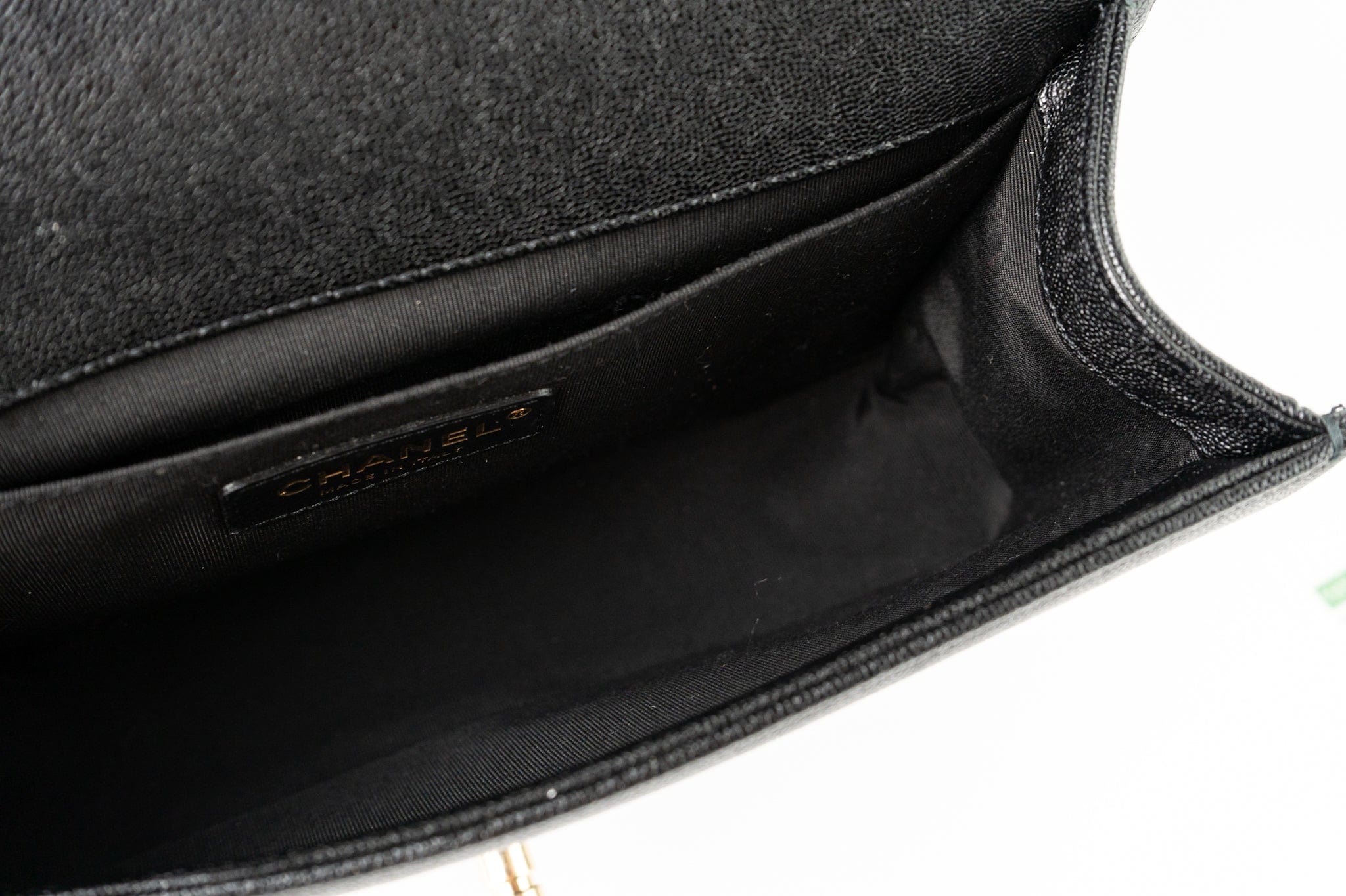 CHANEL Handbag Black 19S Shiny Black Caviar Chevron Boy Bag Medium Champagne Gold Hardware - Redeluxe