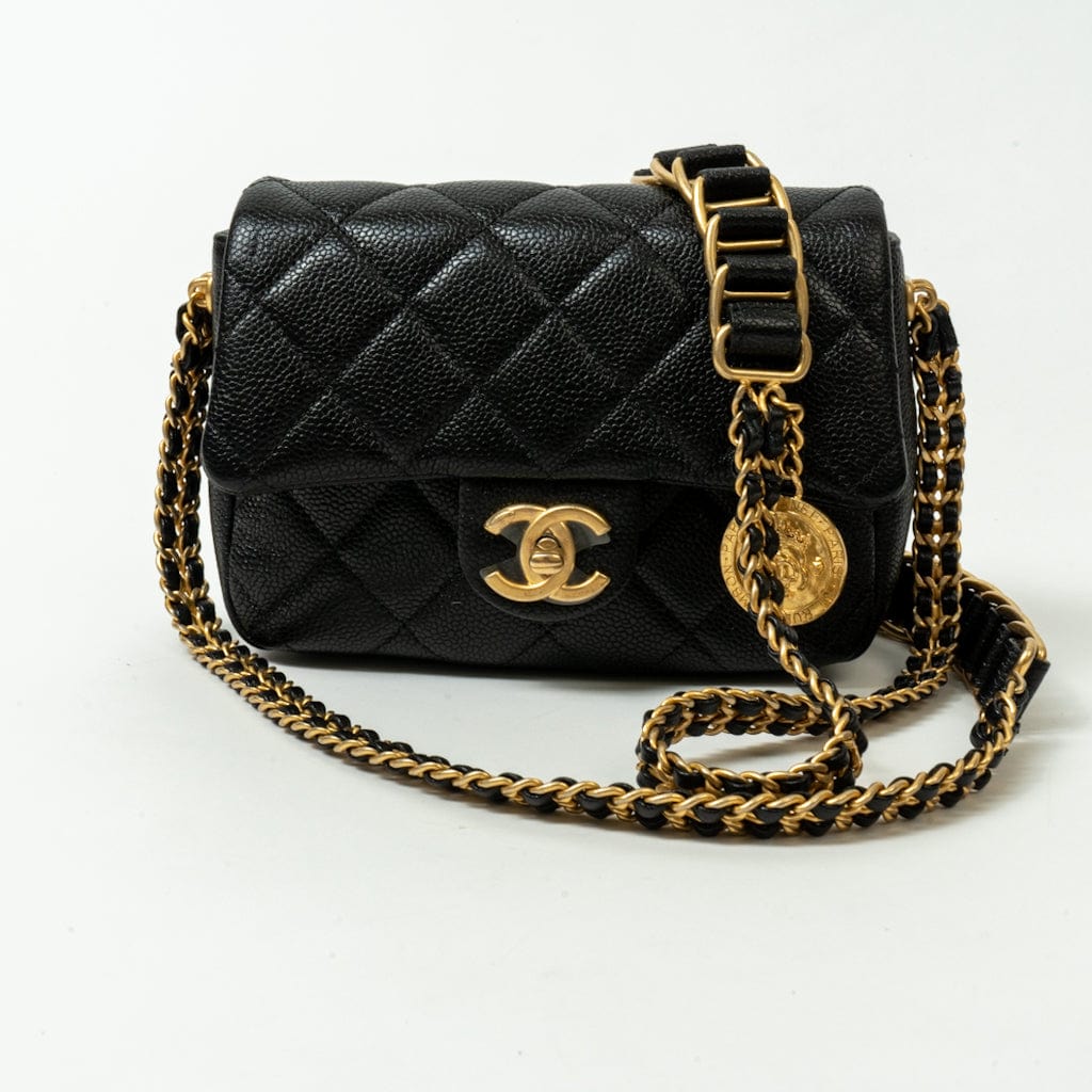 CHANEL Handbag Black 21A Black Caviar Quilted Mini Medallion Single Flap AGHW - Redeluxe