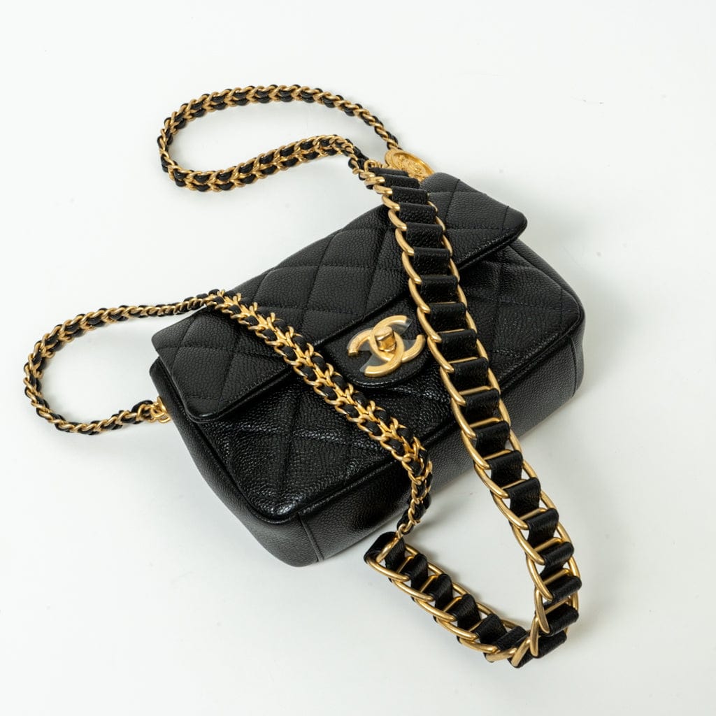 CHANEL Handbag Black 21A Black Caviar Quilted Mini Medallion Single Flap AGHW - Redeluxe