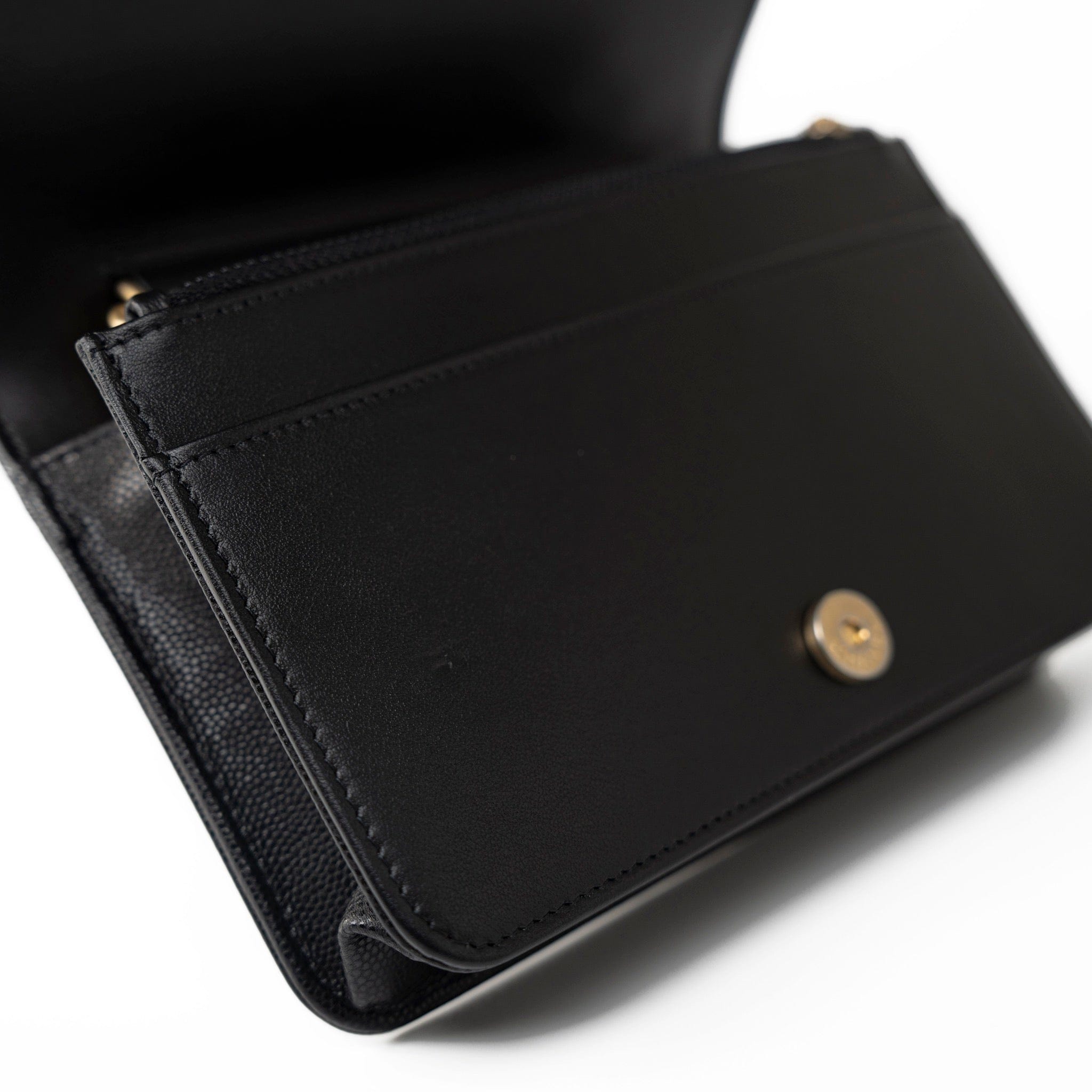 CHANEL Handbag Black Black Caviar Quilted Boy Wallet on Chain (WOC) Antique Gold Hardware - Redeluxe
