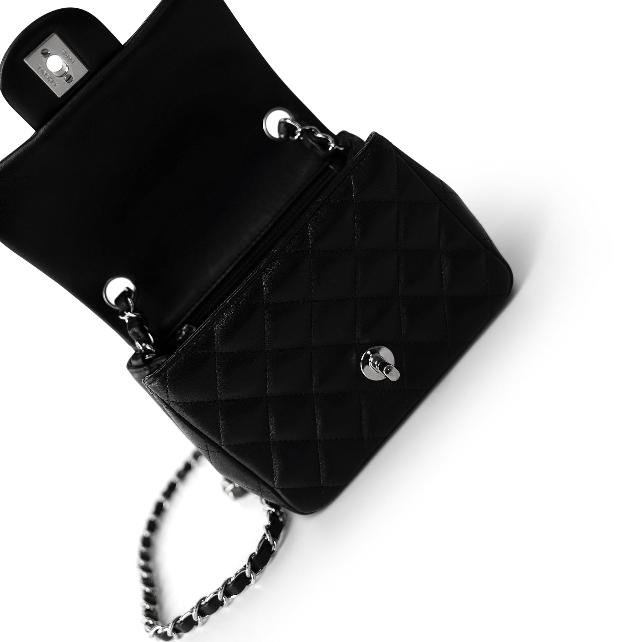 CHANEL Handbag Black Black Lambskin Quilted Mini Square Flap Silver Hardware - Redeluxe
