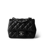 CHANEL Handbag Black Black Lambskin Quilted Mini Square Flap Silver Hardware - Redeluxe