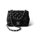 CHANEL Handbag Black Black Lambskin Quilted Mini Square Flap Silver Hardware - Redeluxe