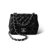 CHANEL Handbag Black Black Lambskin Quilted Mini Square Flap Silver Hardware - Redeluxe