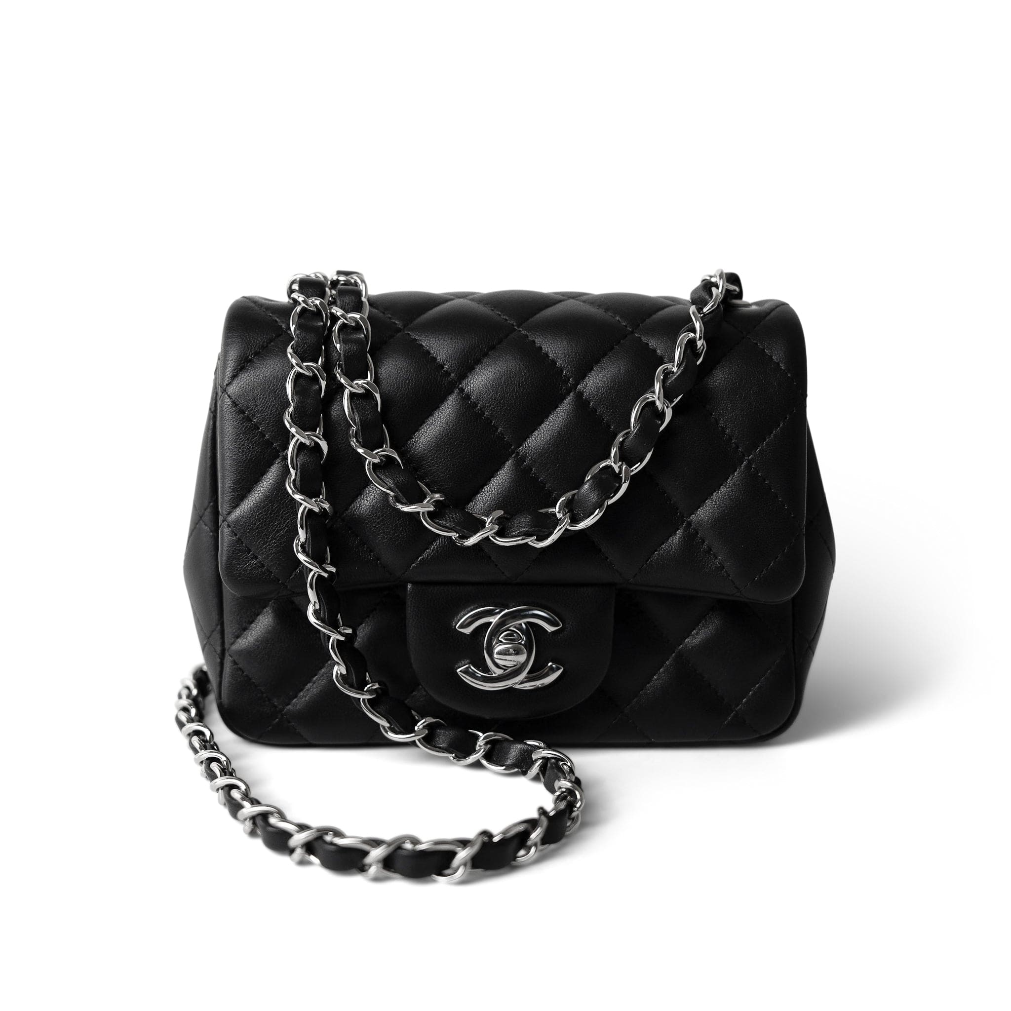 CHANEL Handbag Black Black Lambskin Quilted Mini Square Flap Silver Hardware - Redeluxe