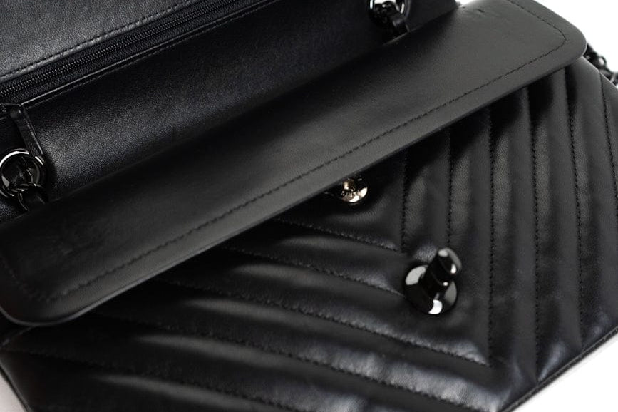CHANEL Handbag Black So Black Lambskin Chevron Medium Classic Flap - Redeluxe