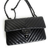 CHANEL Handbag Black So Black Lambskin Chevron Medium Classic Flap - Redeluxe