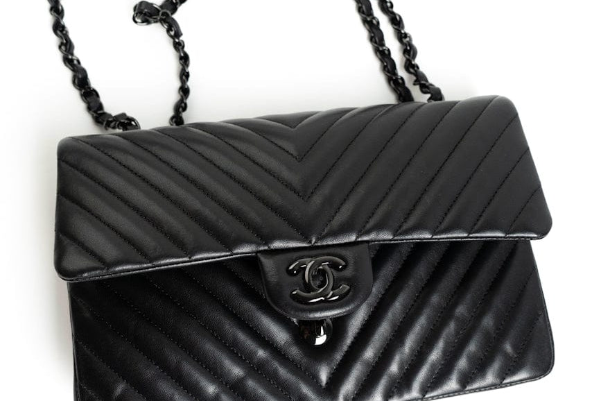 CHANEL Handbag Black So Black Lambskin Chevron Medium Classic Flap - Redeluxe