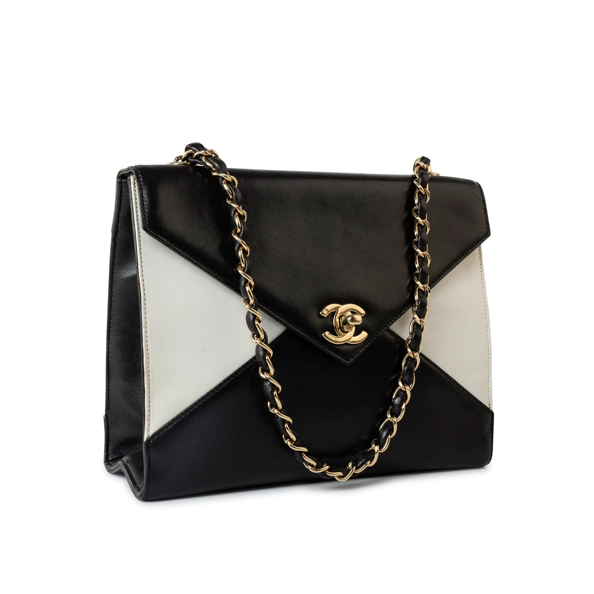 CHANEL Handbag Black Vintage Black and White Lambskin Envelope Shoulder Bag Gold Hardware - Redeluxe