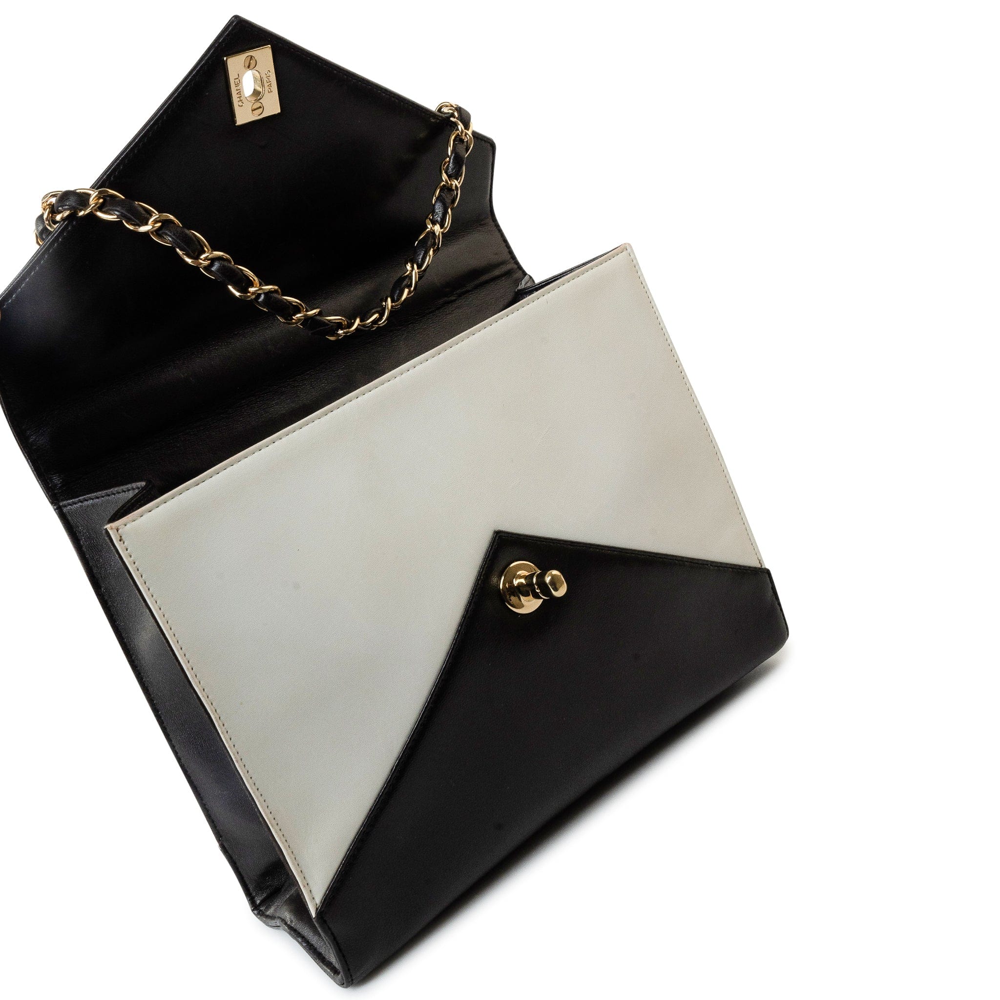 CHANEL Handbag Black Vintage Black and White Lambskin Envelope Shoulder Bag Gold Hardware - Redeluxe