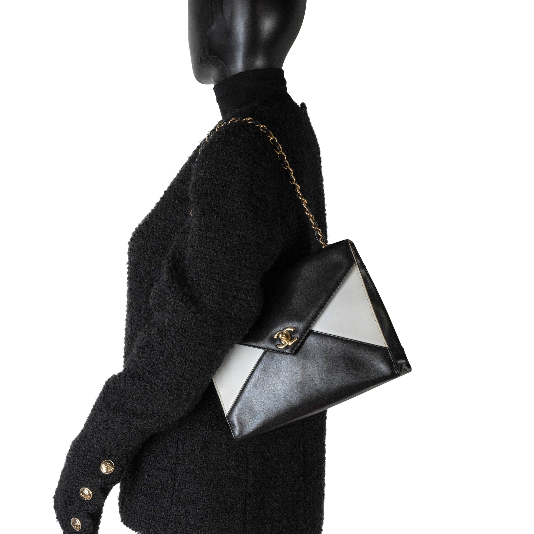 CHANEL Handbag Black Vintage Black and White Lambskin Envelope Shoulder Bag Gold Hardware - Redeluxe