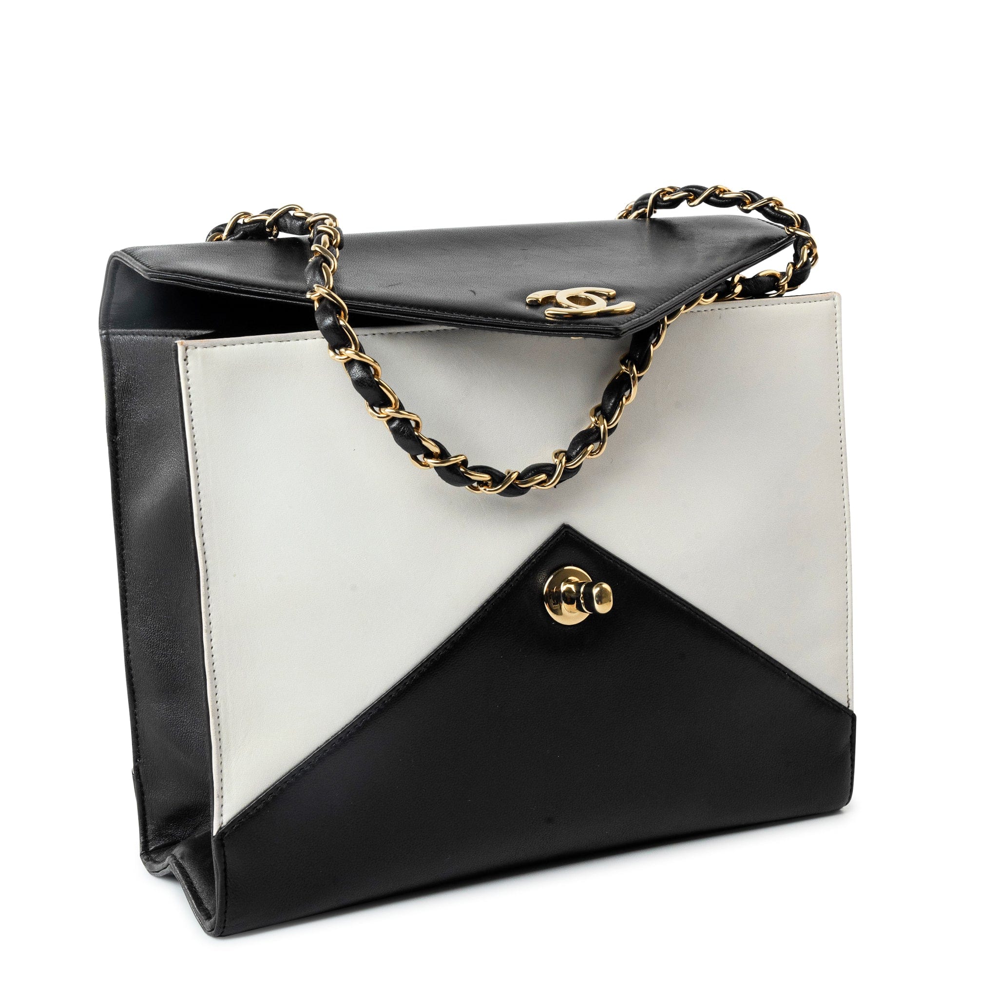 CHANEL Handbag Black Vintage Black and White Lambskin Envelope Shoulder Bag Gold Hardware - Redeluxe