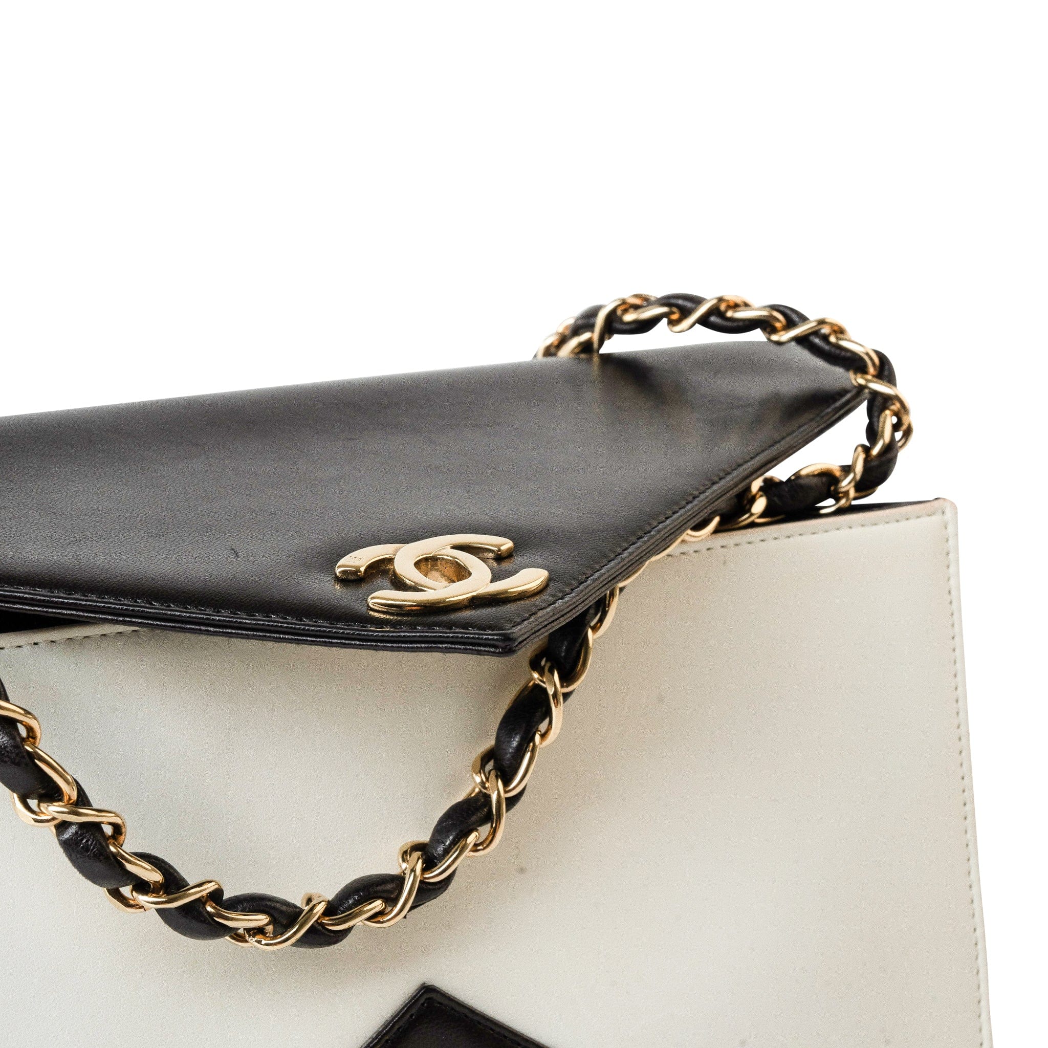 CHANEL Handbag Black Vintage Black and White Lambskin Envelope Shoulder Bag Gold Hardware - Redeluxe