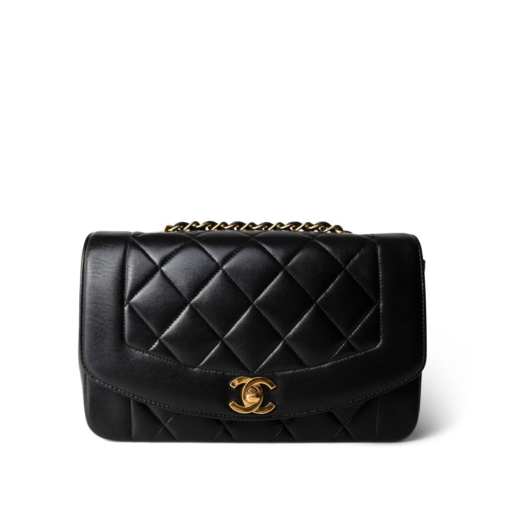 CHANEL Handbag Black Vintage Black Lambskin Quilted Diana Small Gold Hardware - Redeluxe