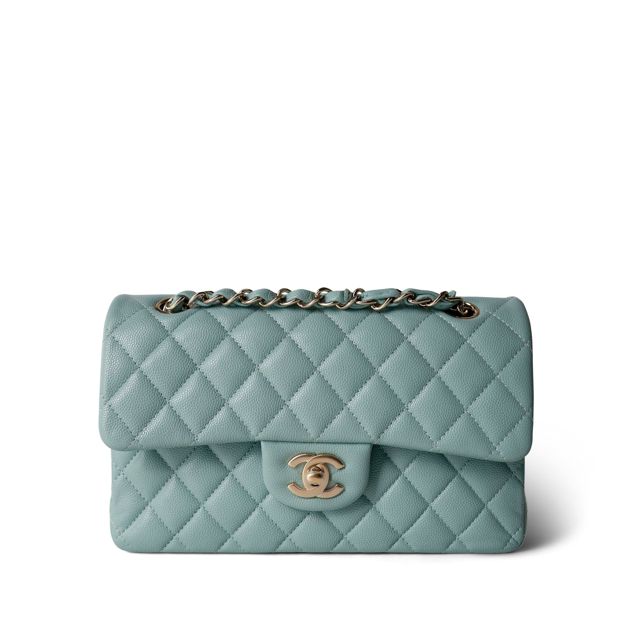 CHANEL Handbag Blue 20C Tiffany Blue Caviar Quilted Classic Flap Small Light Gold Hardware - Redeluxe