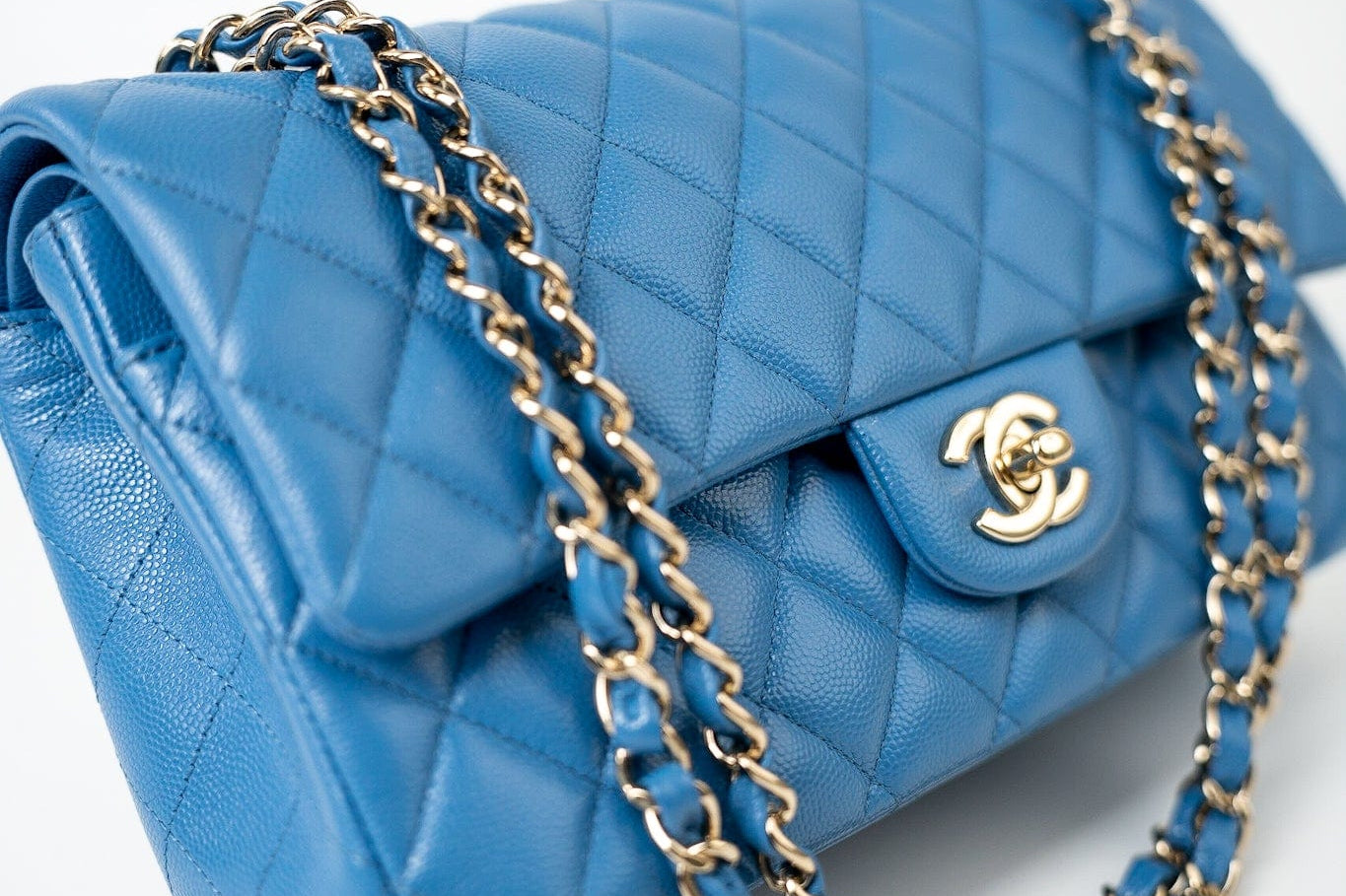 CHANEL Handbag Blue 20S Blue Caviar Quilted Classic Flap Medium Light Gold Hardware - Redeluxe