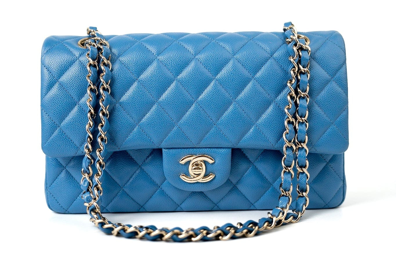 CHANEL Handbag Blue 20S Blue Caviar Quilted Classic Flap Medium Light Gold Hardware - Redeluxe