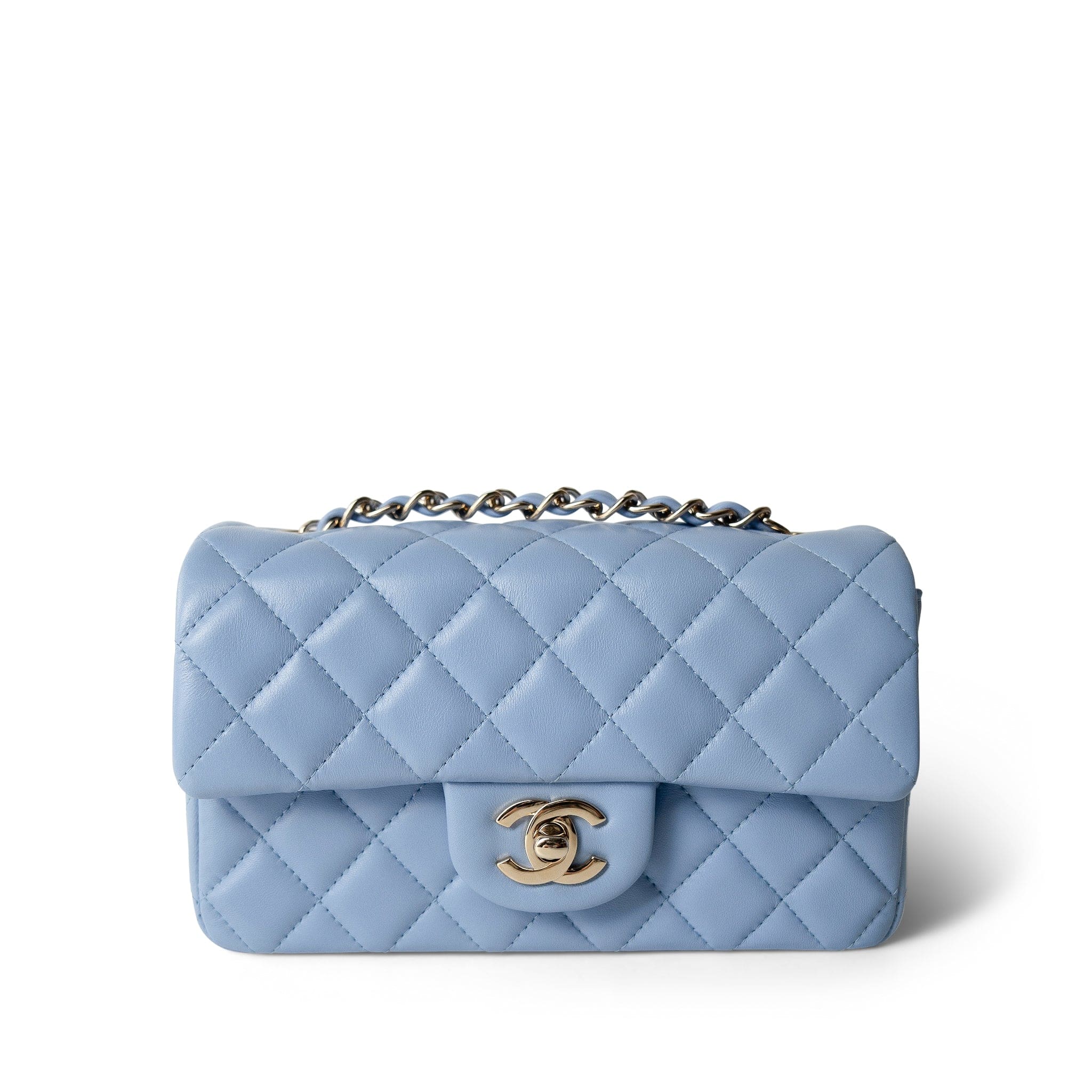 CHANEL Handbag blue 21C Sky Blue Lambskin Quilted Mini Rectangular Flap Light Gold Hardware - Redeluxe