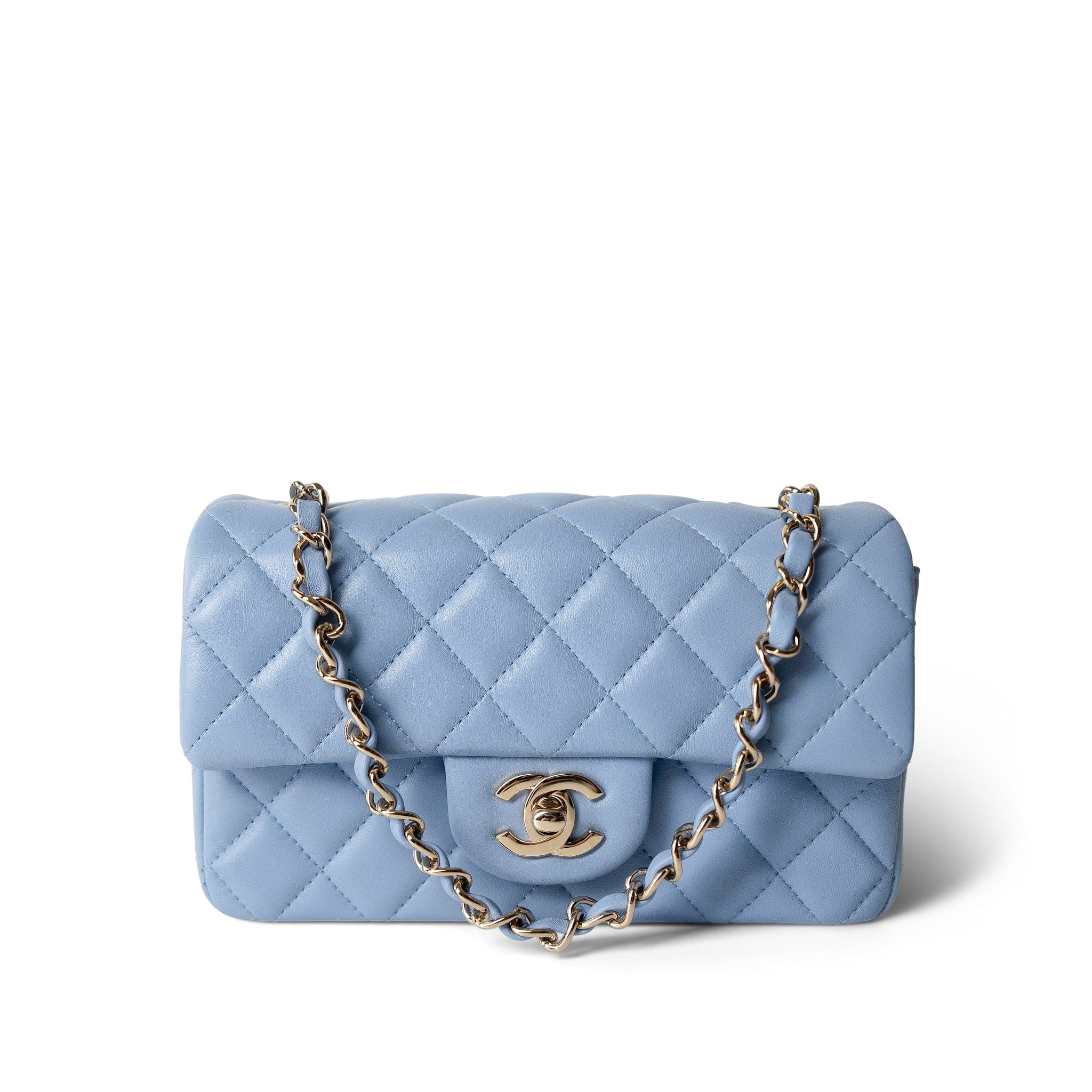 CHANEL Handbag blue 21C Sky Blue Lambskin Quilted Mini Rectangular Flap Light Gold Hardware - Redeluxe