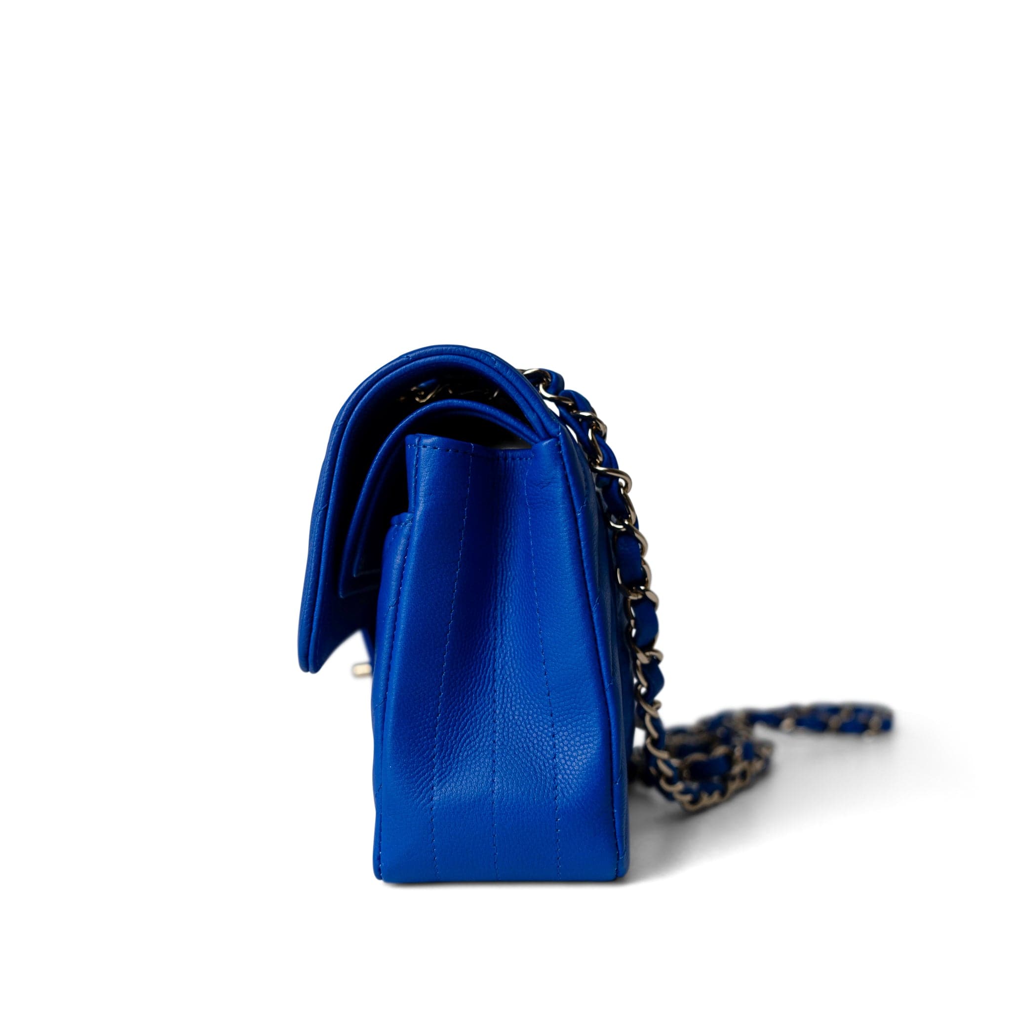 CHANEL Handbag Blue Blue Caviar Chevron Classic Flap Small Light Gold Hardware - Redeluxe
