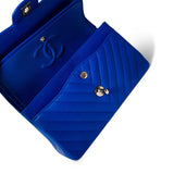 CHANEL Handbag Blue Blue Caviar Chevron Classic Flap Small Light Gold Hardware - Redeluxe