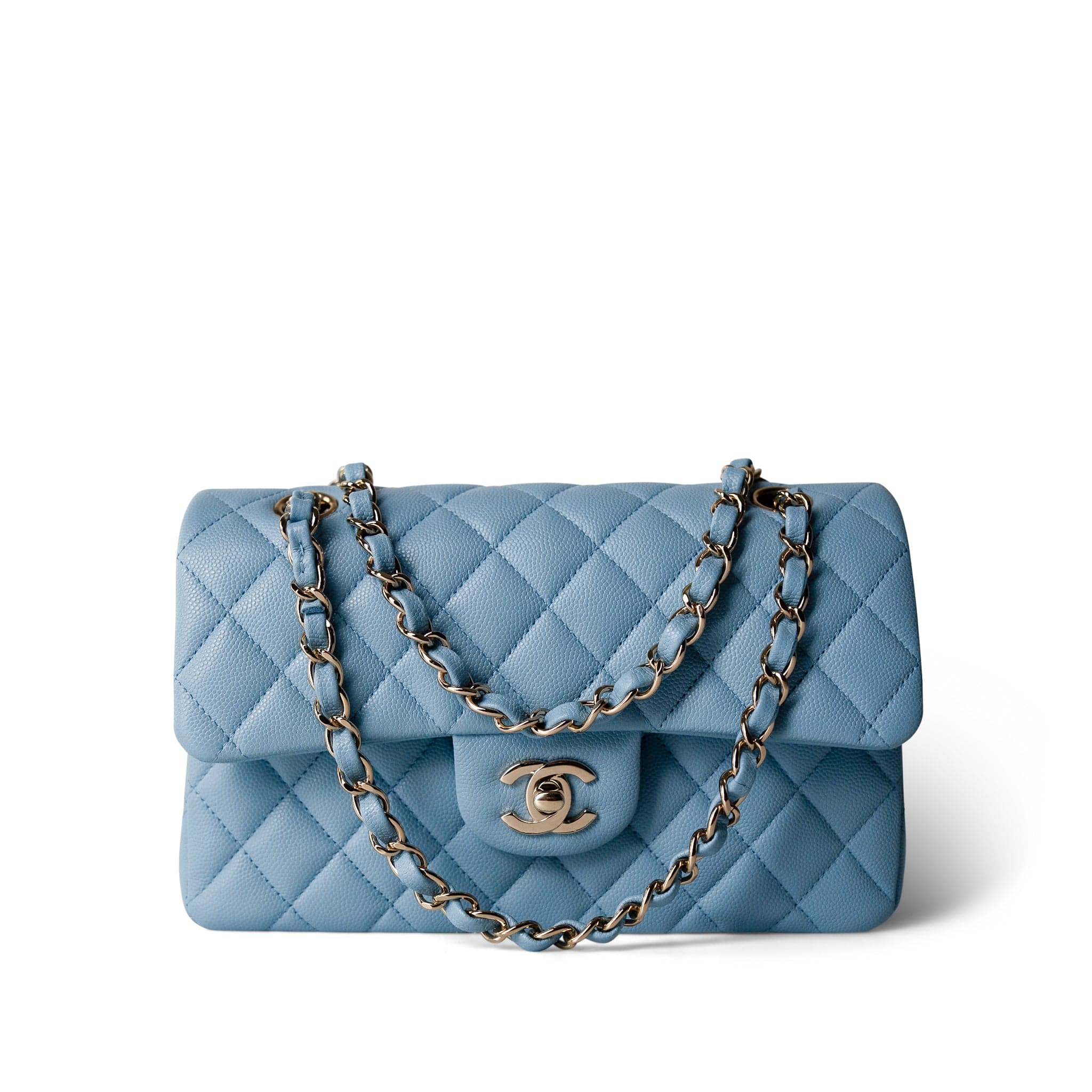 22S Light Blue Caviar Quilted Classic Flap Small Light Gold