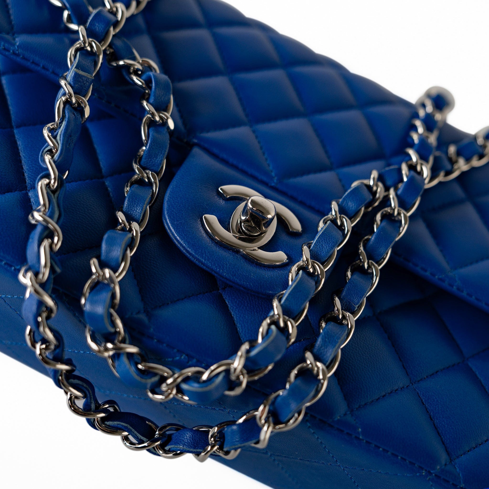 CHANEL Handbag Blue Royal Blue Lambskin Quilted Classic Flap Medium Silver Hardware - Redeluxe