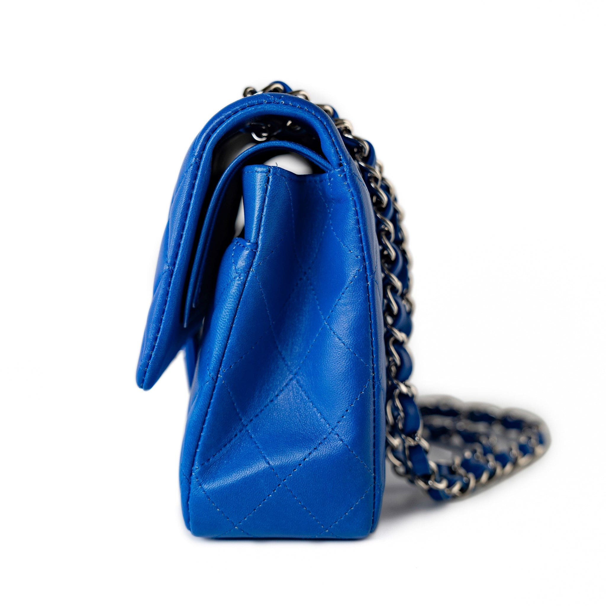 CHANEL Handbag Blue Royal Blue Lambskin Quilted Classic Flap Medium Silver Hardware - Redeluxe